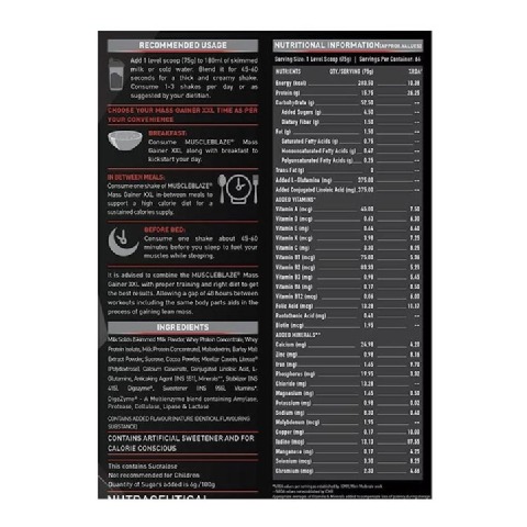 NSupplement - MuscleBlaze Mass Gainer XXL with Complex Carbs and Proteins in 3:1 ratio, 11 lb Chocolate NSupplement - MuscleBlaze Mass Gainer XXL with Complex Carbs and Proteins in 3:1 ratio, 11 lb Chocolate