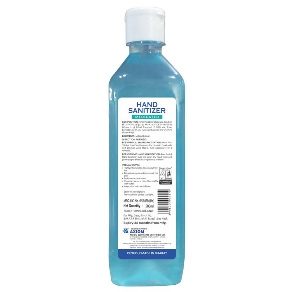 back - Axiom Medicated Hand Sanitizer,  Fragrance Free  500 ml  Kills 99.99% of Germs without Water 