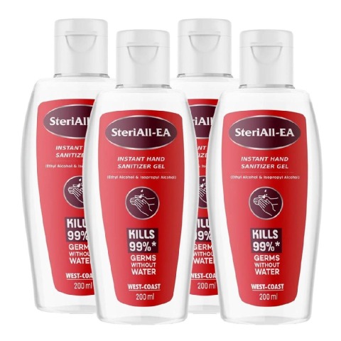 West Coast SteriAll-EA Instant Hand Sanitizer Gel,  Fragrance Free  200 ml  Kills 99% Germs without Water (Pack of 4) 