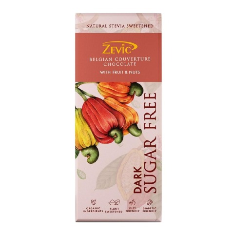 Zevic Dark Sugar Free Belgian Couverture Chocolate, 1 Piece(s)/Pack with Fruits & Nuts