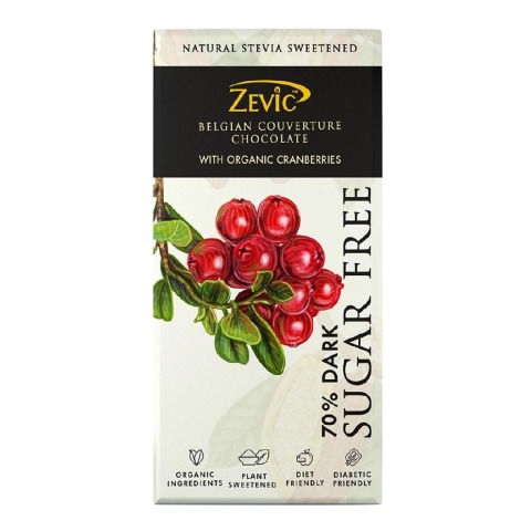 Zevic Dark Sugar Free Belgian Couverture Chocolate,  1 Piece(s)/Pack  with 70% Dark Organic Cranberries 