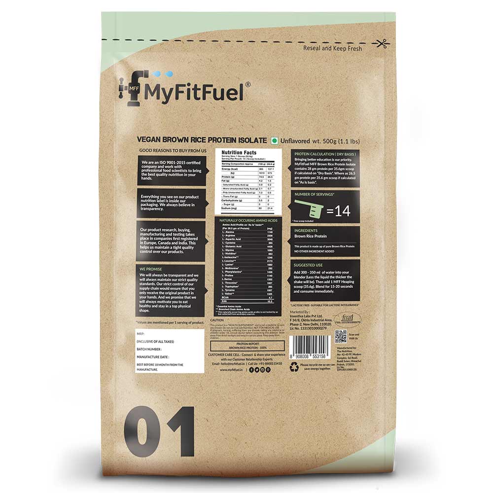 Back - MyFitFuel MMF Vegan Brown Rice Protein Isolate,  1.1 lb  Unflavoured 