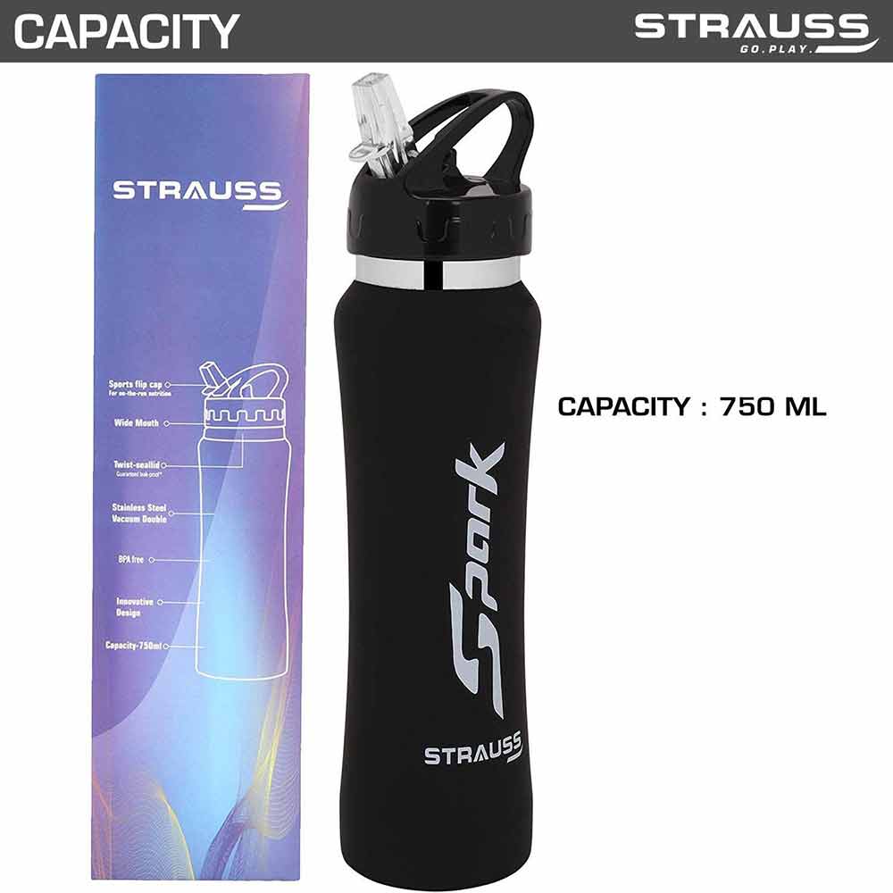 4 - Strauss Spark Stainless Steel Bottle,  Rubber Finish Black  750 ml 