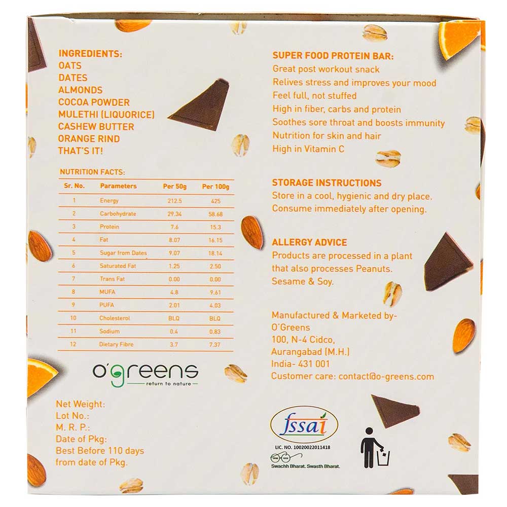nutrtioninfo - O'Greens Energy Bars,  6 bar(s)  Choco Orange Pack of 2 