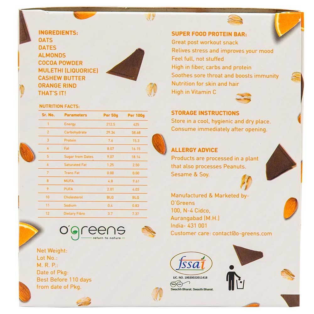 nutrtioninfo - O'Greens Energy Bars,  6 bar(s)  Pistachio Moringa & Choco Orange 