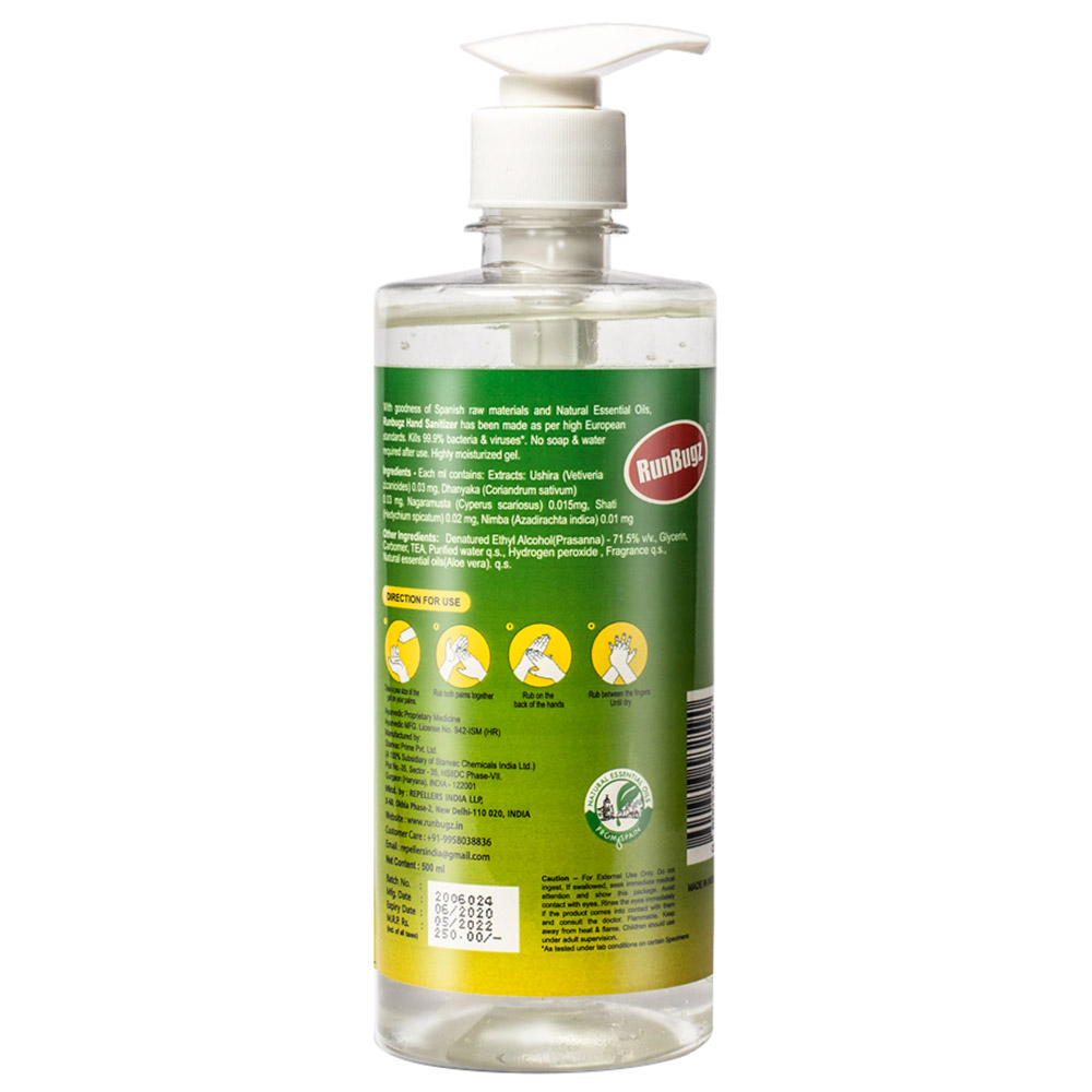 back - RunBugz Hand Sanitizer with 70% Alcohol,  Lavender  500 ml  Kills 99.9% Bacteria & Virus (Pack of 5) 