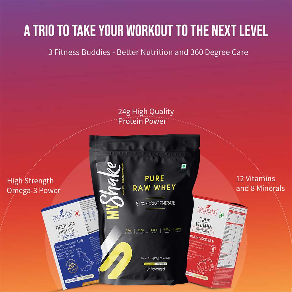 highlights - Neuherbs Special Fitness Stack ( Raw Whey Protein + Fish Oil + Multivitamin),  2 lb  Unflavoured 