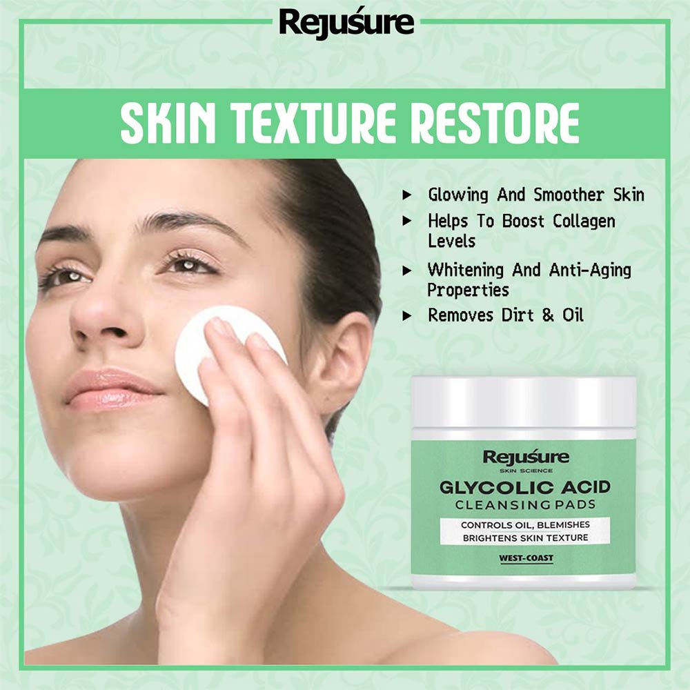 2 - Rejusure Glycolic Acid Cleansing Pads,  50 Piece(s)/Pack  Controls Oil, Blemishes Brightens Skin Texture 