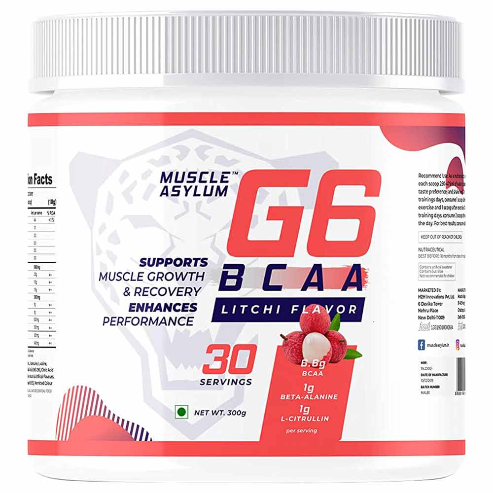 1 - Muscle Asylum G6 BCAA,  0.66 lb  30 Servings  Litchi 