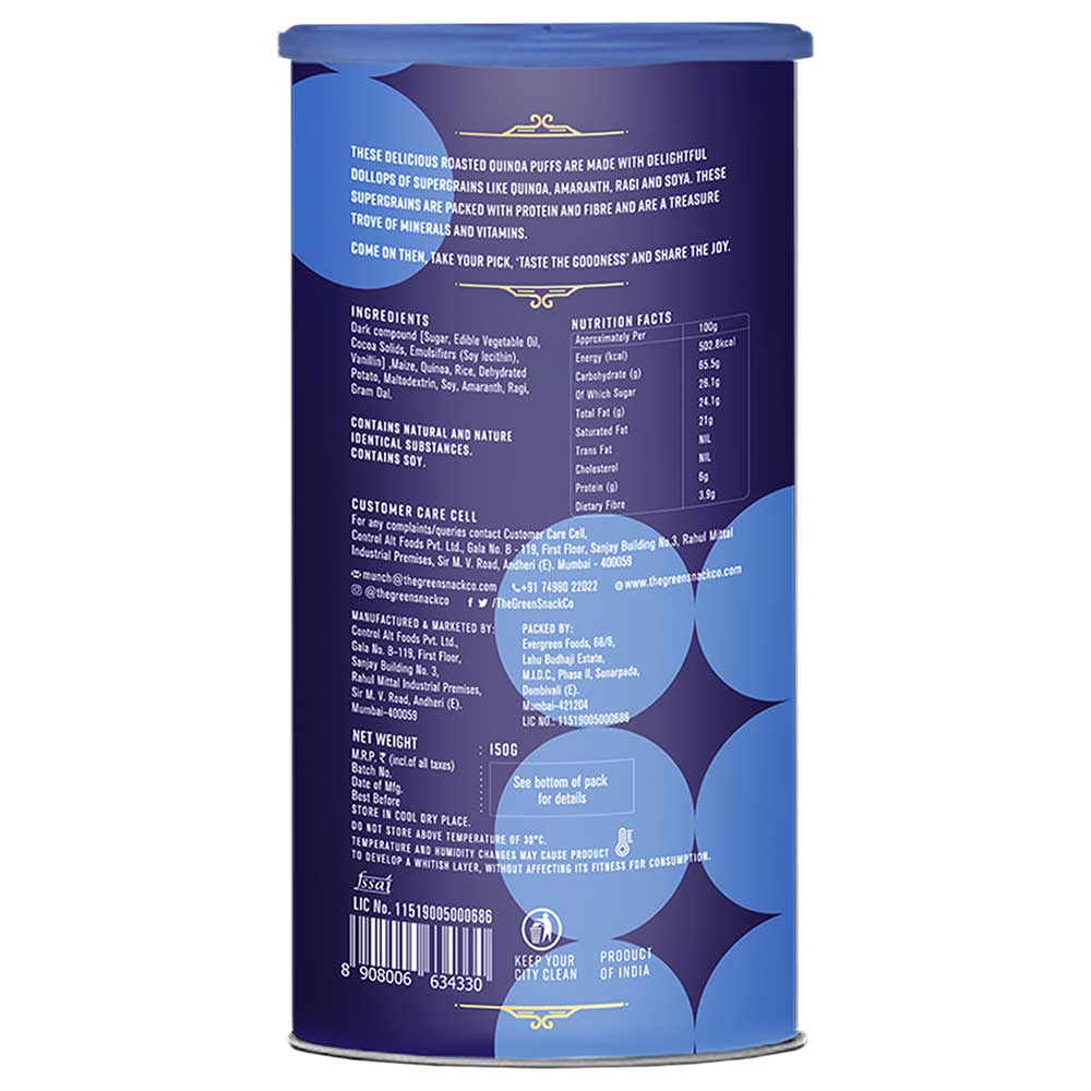 nutritioninfo - The Green Snack Co. Quinoa Puffs - Pack of 4,  Dark Choco  150 g 