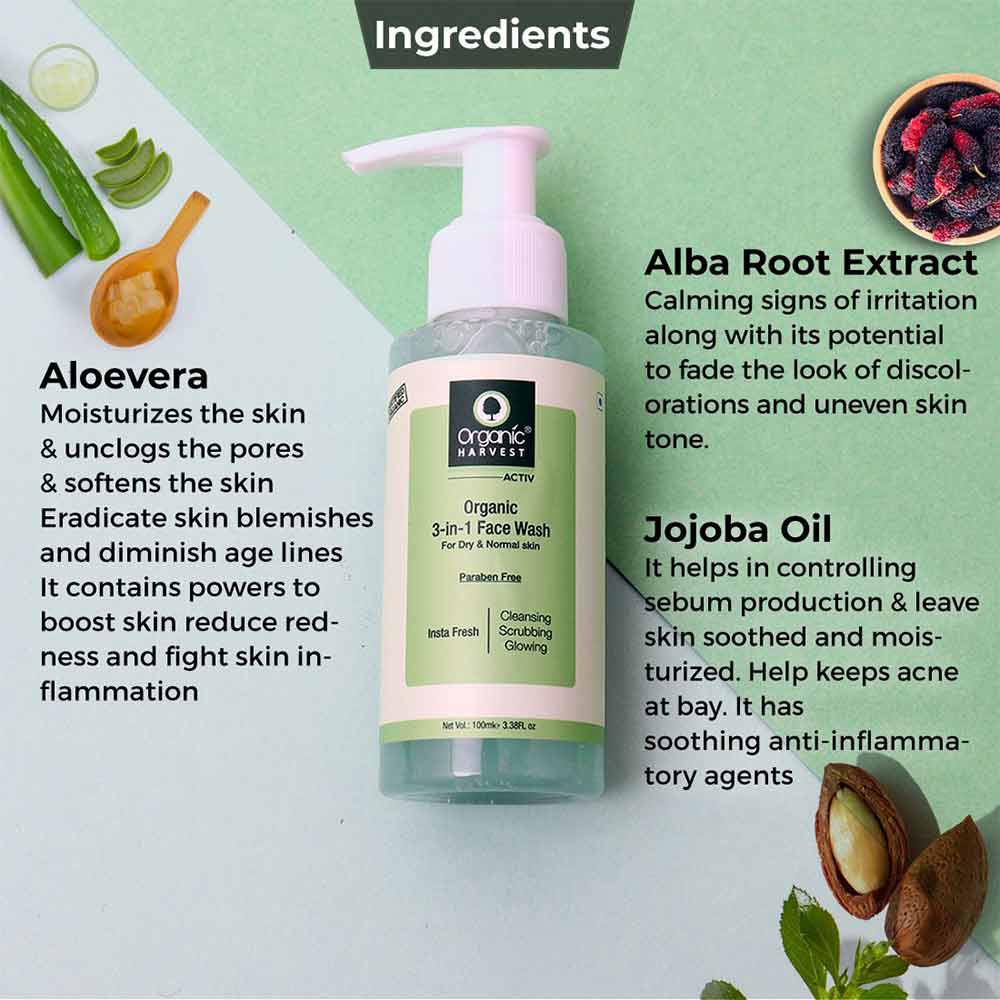 4 - Organic Harvest 3-in-1 Face Wash,  100 ml  for Dry & Normal Skin 