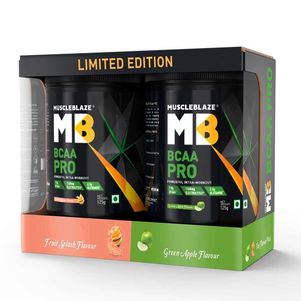 1 - MuscleBlaze BCAA Pro OP,  2 Piece(s)/Pack  16 Servings  (Two Flavour Pack)Green Apple & Fruit Splash 