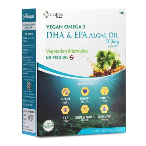 1 - Origins Nutra Vegan Omega 3 DHA & EPA Algal Oil 500mg,  30 softgels 