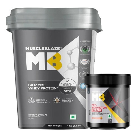 MuscleBlaze Biozyme Whey Protein 4kg Rich Milk Chocolate & PRE Workout 200 Xtreme Fruit Punch Combo