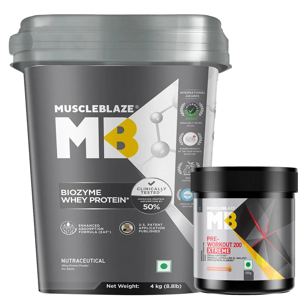 MuscleBlaze Biozyme Whey Protein 4kg Rich Milk Chocolate & PRE Workout 200 Xtreme Fruit Punch Combo