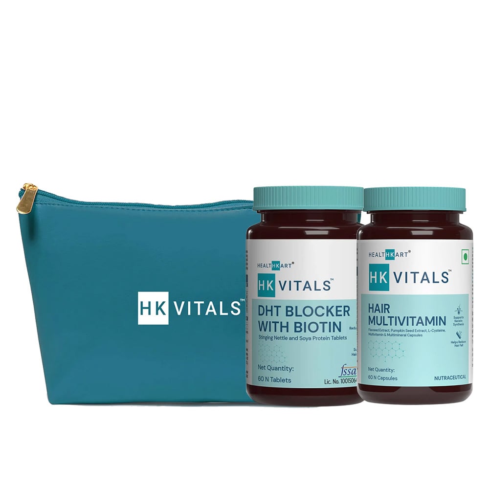 HK Vitals Hair Multivitamin & DHT Blocker with Biotin 60 Tabs & Pouch Combo by HealthKart