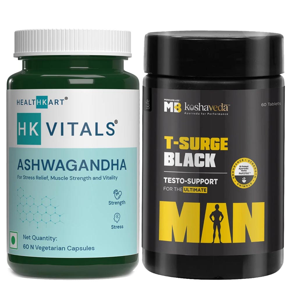 MuscleBlaze T-Surge Black & HealthKart Ashwagandha 60 tabs Combo