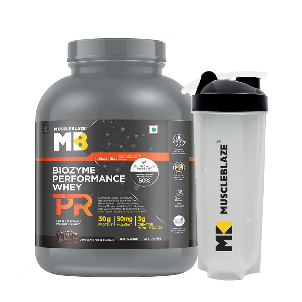 MuscleBlaze Biozyme Performance Whey PR 2 kg Chocolate Fudge & Shaker Combo