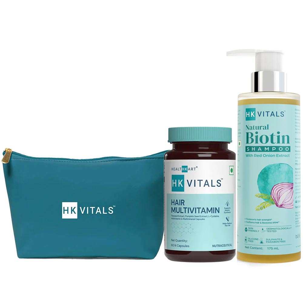 HK Vitals Hair Multivitamin 60 Caps & Biotin Shampoo & Pouch Combo by HealthKart