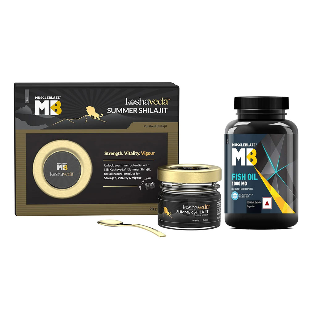 MuscleBlaze Fish Oil 30 Caps & Koshaveda Summer Shilajit 20 g Combo