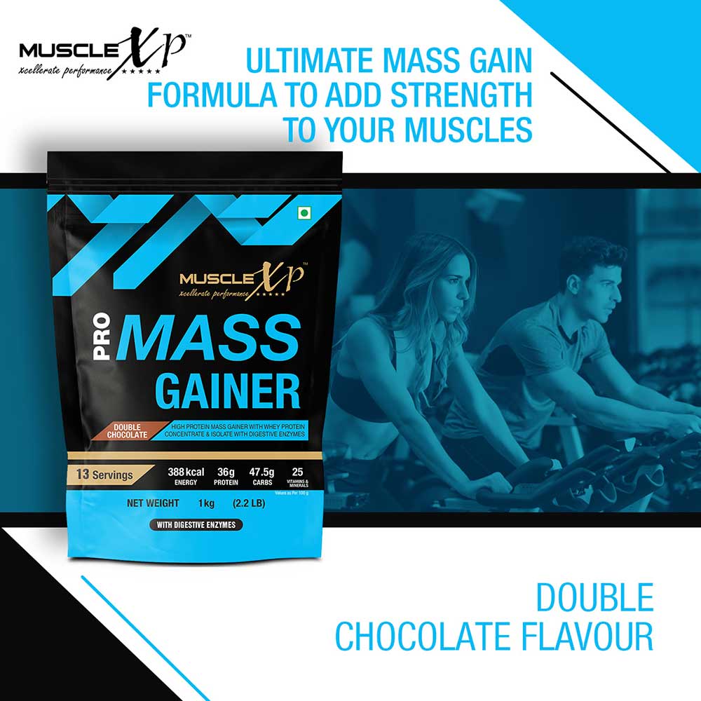 9 - MuscleXP Pro Mass Gainer with Whey Protein,  2.2 lb  Double Chocolate+Shaker 