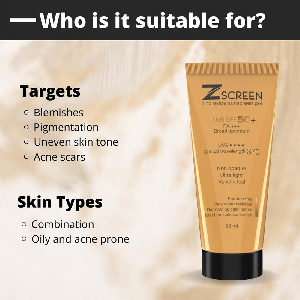 3 - Zscreen Zinc Oxide Sunscreen Gel,  50 ml  SPF 50 UVA/UVB PA+++ (Pack of 6) 