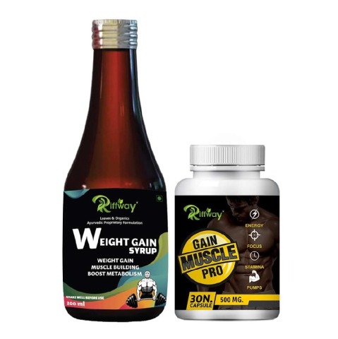 1 - Riffway Weight Gain Syrup 200 ml & Gain Muscles Pro 30 Capsules Combo,  2 Piece(s)/Pack  Unflavoured 