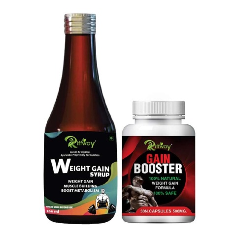 1 - Riffway Weight Gain Syrup 200 ml & Gain Booster 30 Capsules Combo,  2 Piece(s)/Pack  Unflavoured 