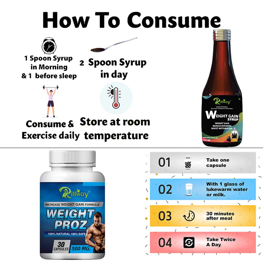 5 - Riffway Weight Gain Syrup 200 ml & Weight Proz 30 Capsules Combo,  2 Piece(s)/Pack  Unflavoured 