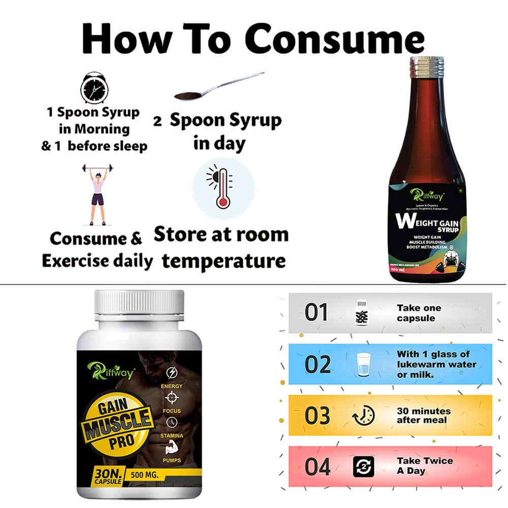 5 - Riffway Weight Gain Syrup 200 ml & Gain Muscles Pro 30 Capsules Combo,  2 Piece(s)/Pack  Unflavoured 
