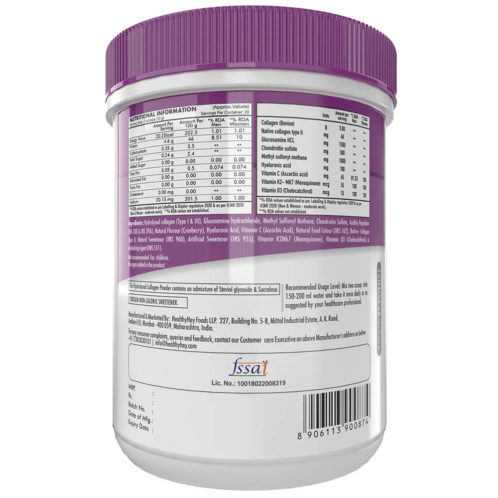 HealthyHey Nutrition JointRelief Collagen Peptide Type 1 2 & 3 (Hydrolysed),  200 g  Cranberry 