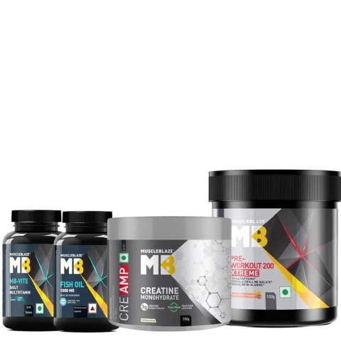 MuscleBlaze Creatine Monohydrate & PRE Workout Xtreme 0.22 lb & Fish Oil & MB-VITE 30 Tabs Combo