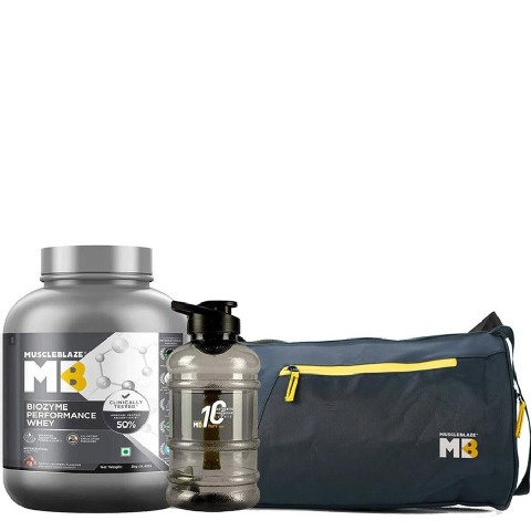 MuscleBlaze Biozyme Performance Whey 2kg Choco Crispers & Gallon Bottle & Gym Bag Combo