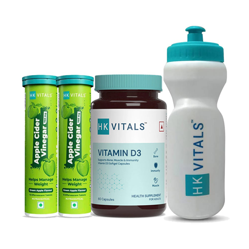 HK Vitals ACV 750 mg Effervescent 30 Tabs & Vitamin D3 60 Caps & Sipper Combo by HealthKart