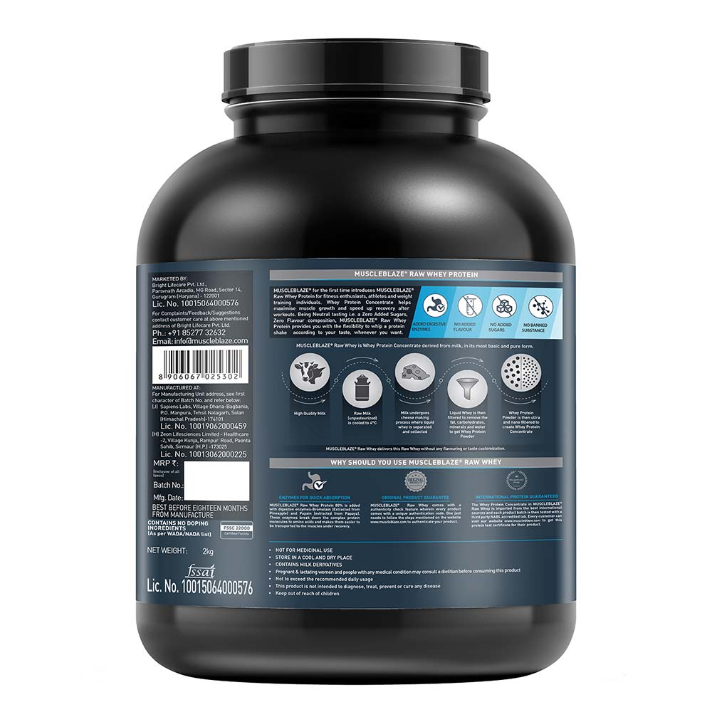 3 - MuscleBlaze Raw Whey Protein Concentrate 80% with Added Digestive Enzymes Labdoor USA Certified with Shaker OP,  4.4 lb  Unflavoured 