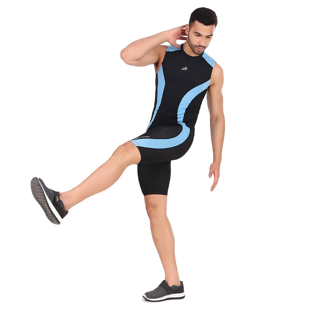 2 - Redesign Nylon DC Compression Cut Sleeve Tshirt,  Black/Aqua Blue  Medium 