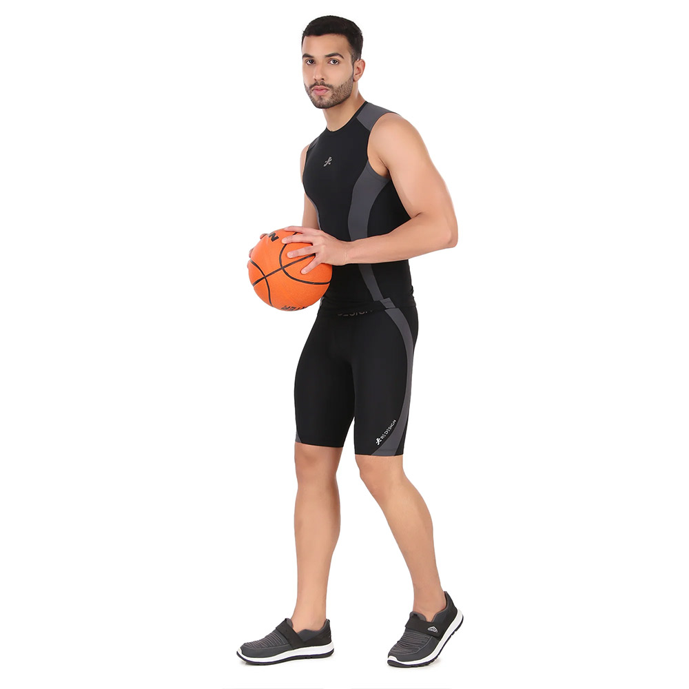 4 - Redesign Nylon DC Compression Cut Sleeve Tshirt,  Black/Dark Grey  Large 