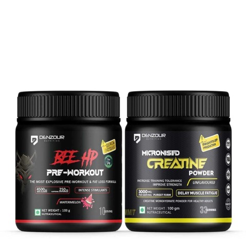 1 - Denzour Nutrition Bee Hp Pre-Workout with Micronised Creatine Powder Combo,  0.22 lb  Watermelon & Unflavoured 