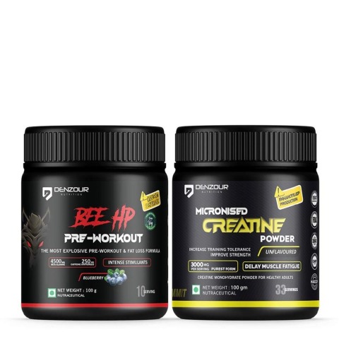 1 - Denzour Nutrition Bee Hp Pre-Workout with Micronised Creatine Powder Combo,  0.22 lb  Blueberry & Unflavoured 