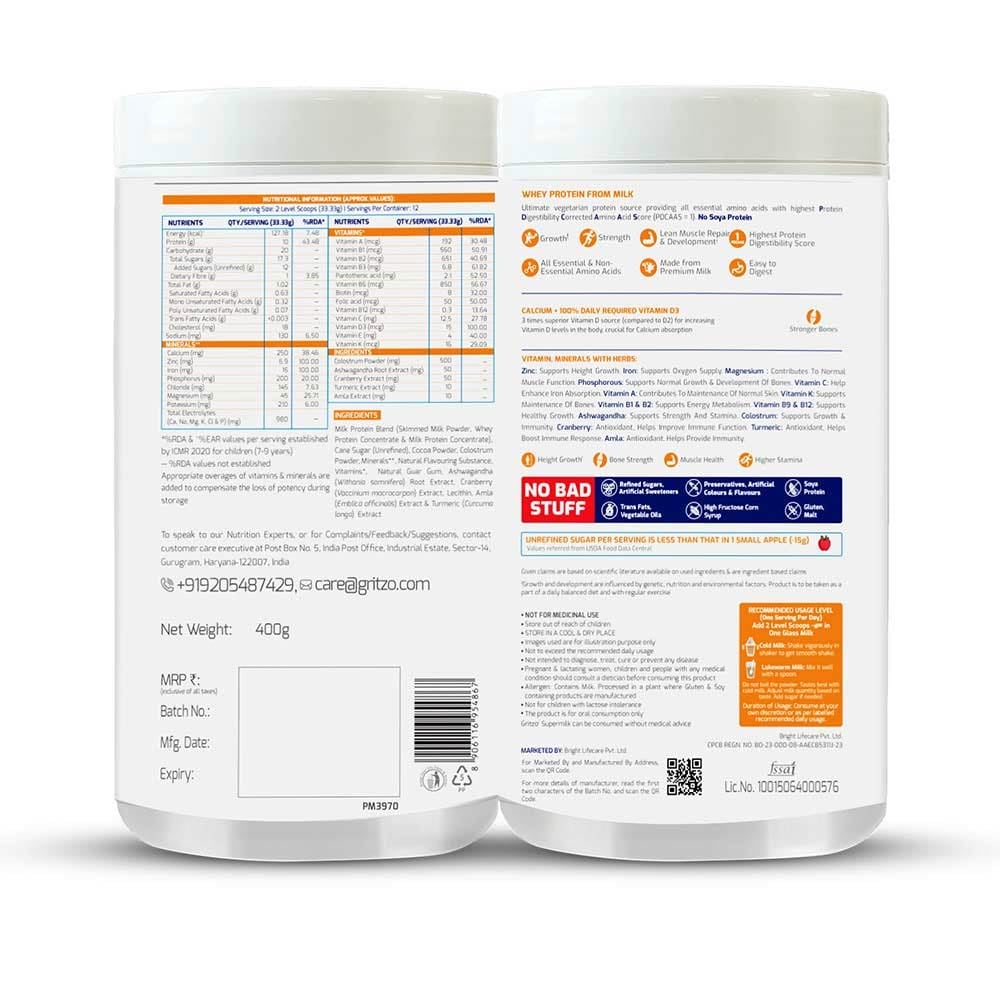 Gritzo SuperMilk Height+ Double Chocolate for 7-12 and 13+ Yrs Girls Combo - 400g x 2