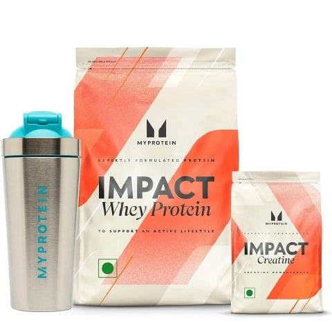 1 - Myprotein Impact Whey Protein 5.5 lb Chocolate Smooth & Impact Creatine Combo,  0.55 lb  Unflavoured with Stainless Steel Shaker 750ml Silver/Blue 