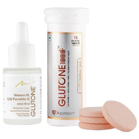 3 - Glutone 1000 Setria Glutathione Effervescent 15 Tablets & Skin Brightening Serum Combo,  for Evens Skin Tone  30 ml 