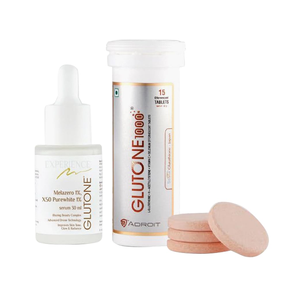 3 - Glutone 1000 Setria Glutathione Effervescent 15 Tablets & Skin Brightening Serum Combo,  for Evens Skin Tone  30 ml 