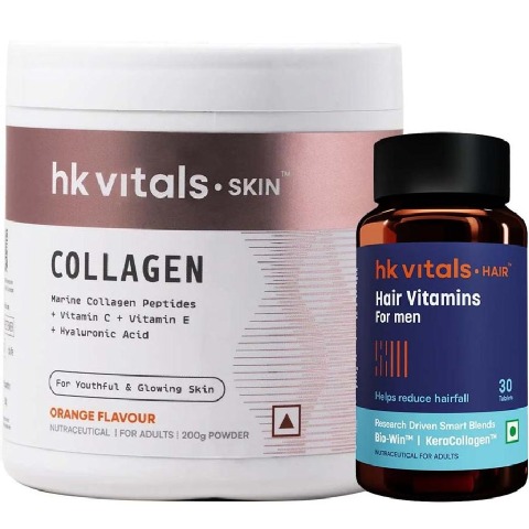 HealthKart HK Vitals Hair Vitamins for Men 30 caps & Skin Radiance Collagen 200 g Orange Combo