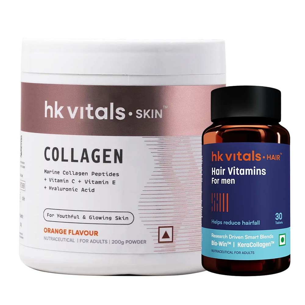 HealthKart HK Vitals Hair Vitamins for Men 30 caps & Skin Radiance Collagen 200 g Orange Combo