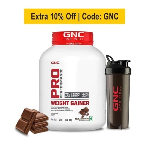 GNC Pro Performance Weight Gainer & Black Plastic Shaker 750ml Combo, 6.6 lb Double Chocolate