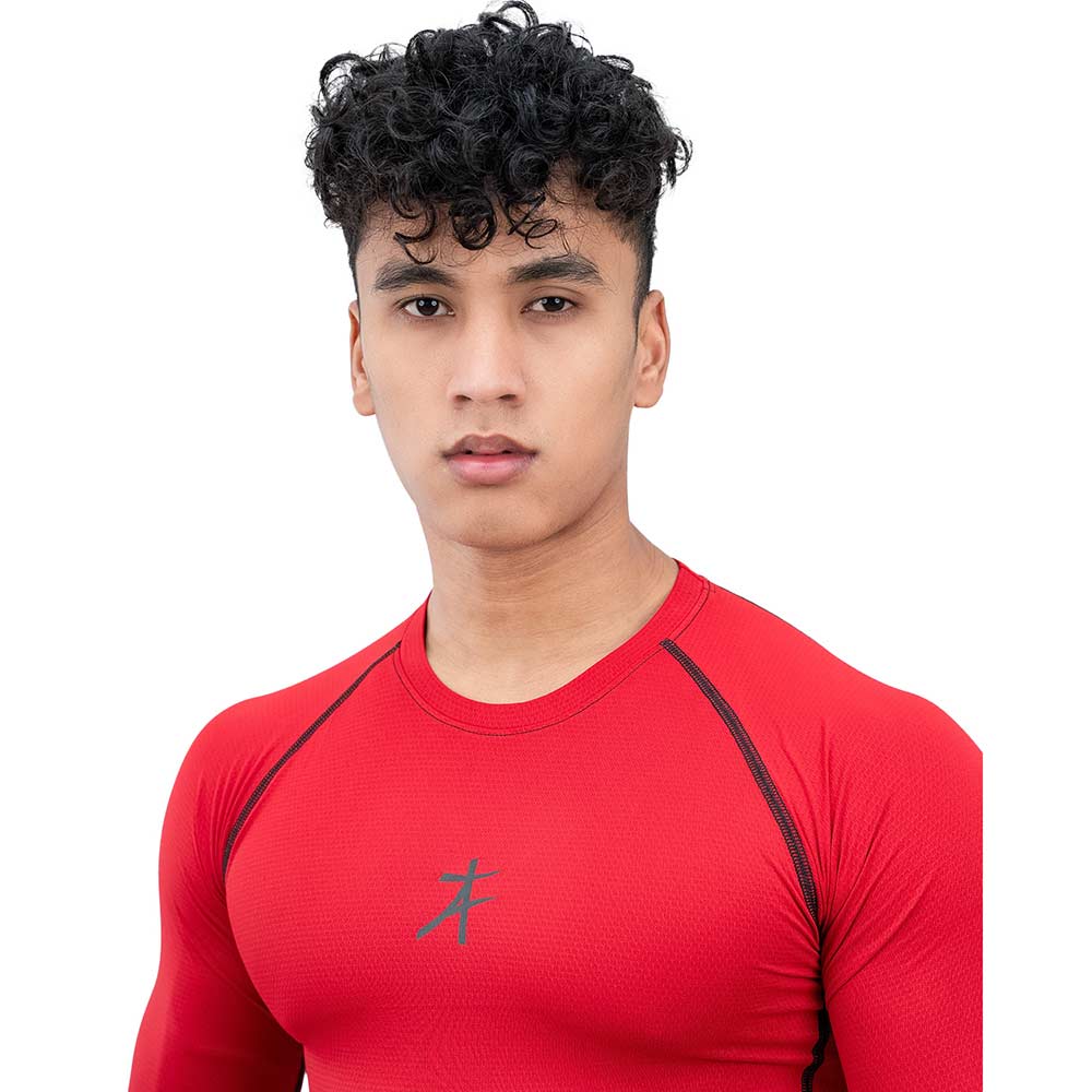 6 - Athflex Men's Muscle Fit Full Sleeve Textured Compression T-Shirt,  XL  Red 