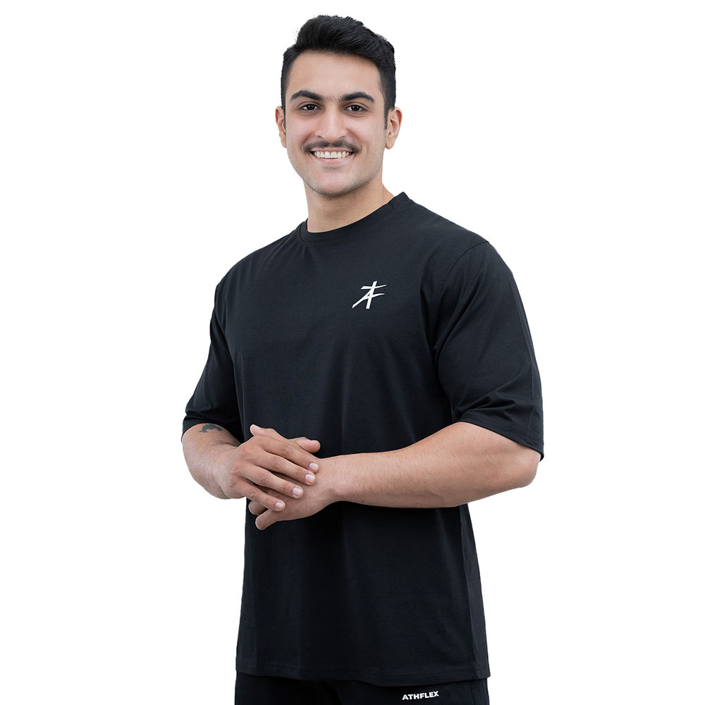 1 - Athflex Men's Premium Training Oversize Half-Sleeve T-Shirt,  Medium  Black 