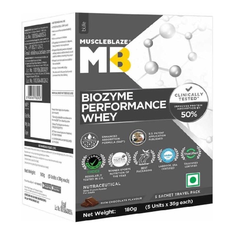 3 - MuscleBlaze Biozyme Performance Whey Protein Powder, 0.4 lb Rich Chocolate Travel Pack (5x36g) sachets