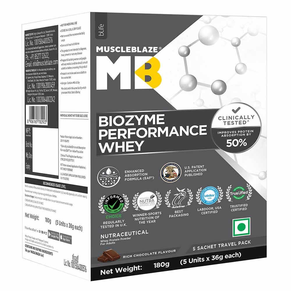 3 - MuscleBlaze Biozyme Performance Whey Protein Powder,  0.4 lb  Rich Chocolate Travel Pack (5x36g) sachets 